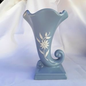 Art Deco Slate Blue 7" Vase White Floral Cornucopia  Abingdon Pottery Vi…